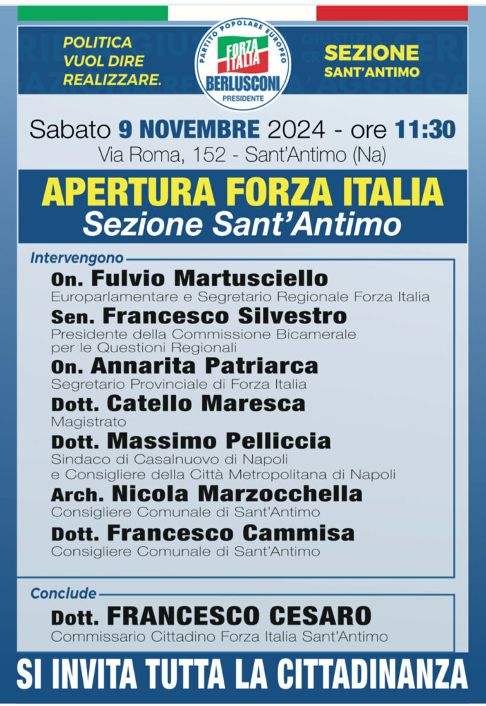 Forza Italia apre una nuova sede a Sant’Antimo: appuntamento sabato 9 novembre